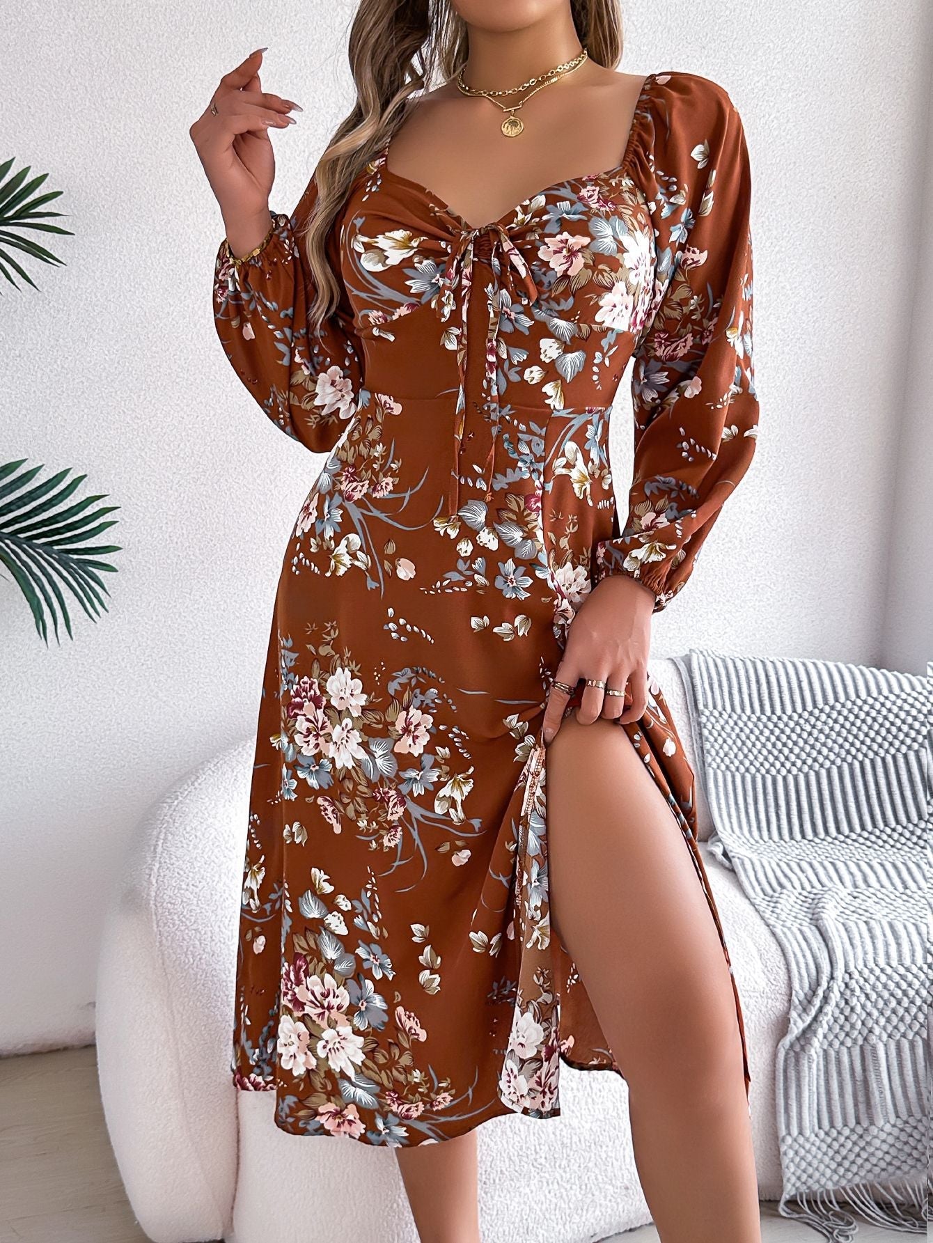 Spring Summer Sexy Lace up Knot Floral Long Sleeve Split Dress Women Clothing