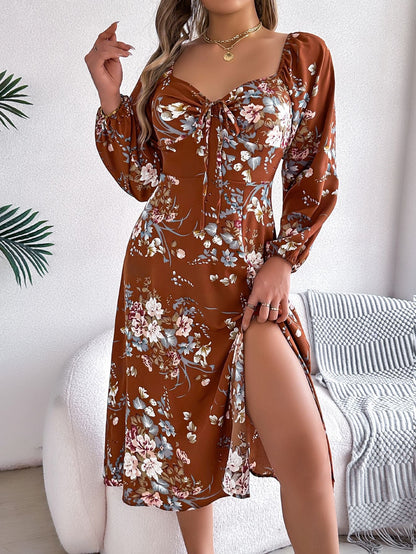 Spring Summer Sexy Lace up Knot Floral Long Sleeve Split Dress Women Clothing