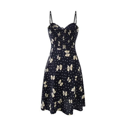Spring Gentle Vacation Butterfly Floral Print Suspender Dress