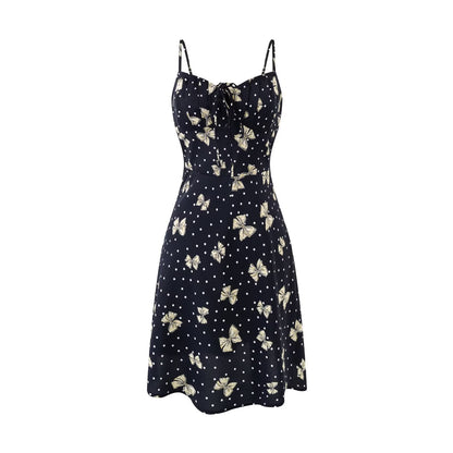 Spring Gentle Vacation Butterfly Floral Print Suspender Dress
