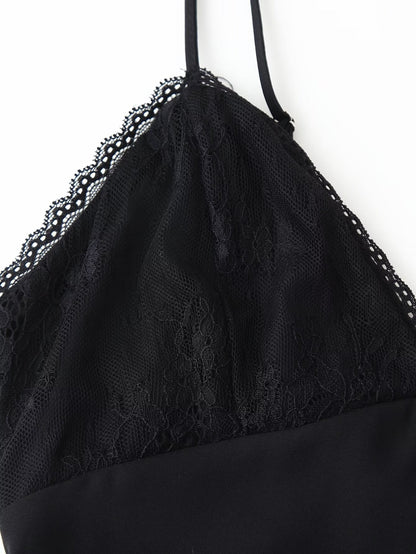 Spring Summer Sexy Halter Backless Lace V neck Patchwork Suspender