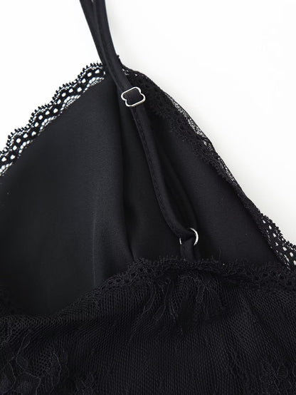 Spring Summer Sexy Halter Backless Lace V neck Patchwork Suspender