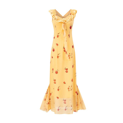 Summer Dusk Rose Lace Sling Floral Dress Cinched Slimming Maxi Dress