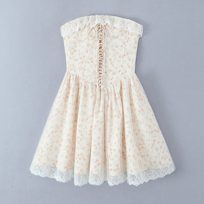 Puffy Slim Fit Tube Top Dress Floral Lace up Waist Controlled Picture Color