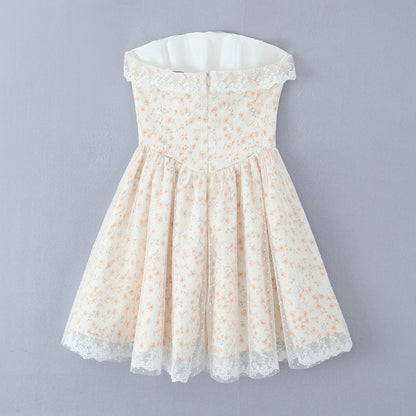Puffy Slim Fit Tube Top Dress Floral Lace up Waist Controlled Picture Color