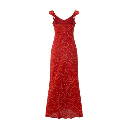 Spring Vacation Elegant Bright Red Floral Printed V neck Maxi Dress