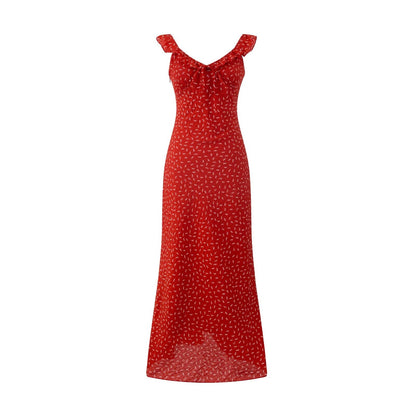Spring Vacation Elegant Bright Red Floral Printed V neck Maxi Dress