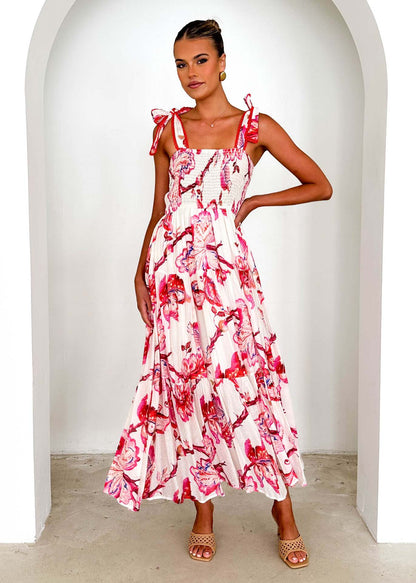 Spring Summer Floral Printed Sling Smocking Elastic Waist Knotted Shoulder Strap Large Swing Dress Long