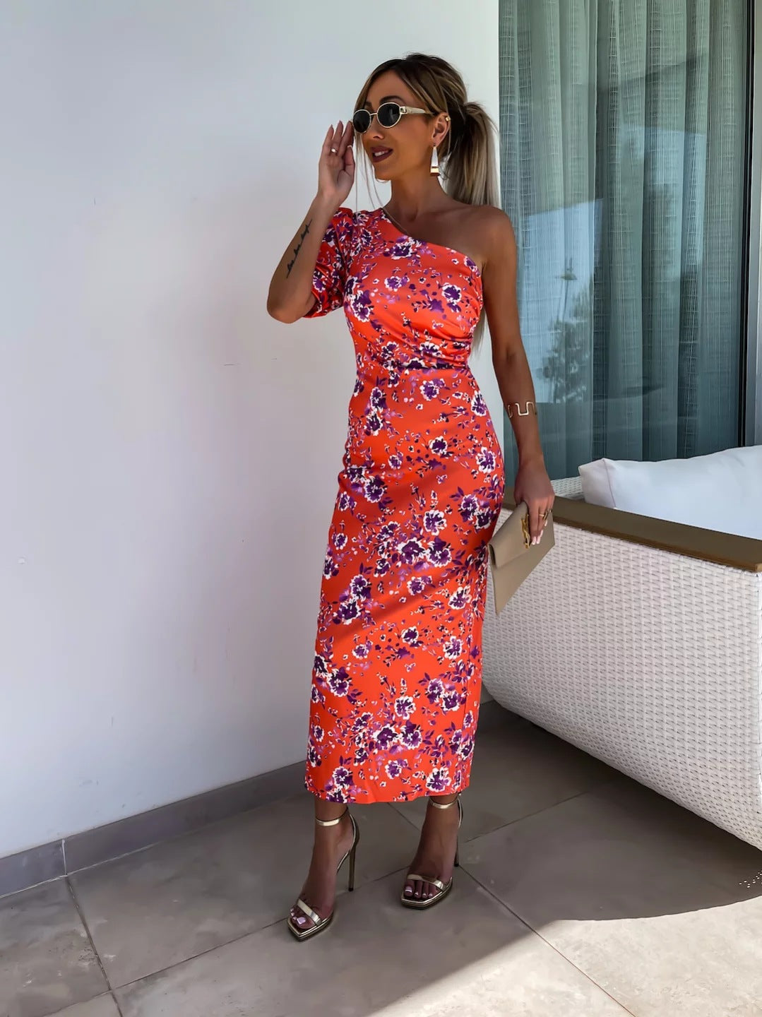 Summer Women Clothing Oblique Shoulder Printed Sheath Fold Split Dress