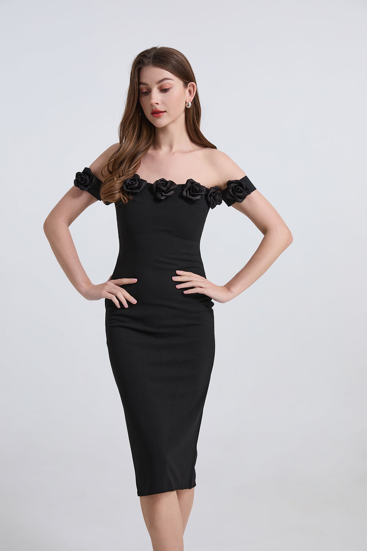 Women Summer Solid Color One Shoulder Three Dimensional Flower Slim Fit Slit Dress