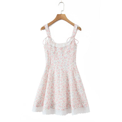 Women Clothing Spring Summer Pink Double Layer Strap Elastic Smocking Princess Dress