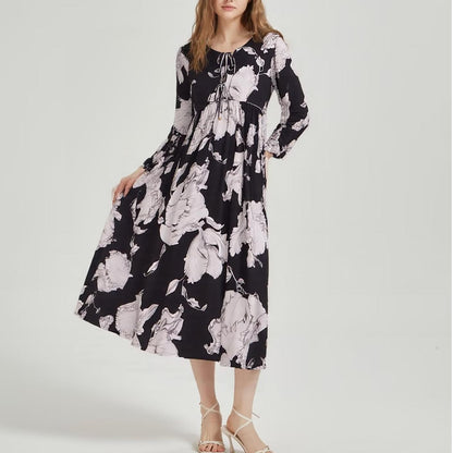 Rayon Printed Tassel Bohemian Loose Long Sleeve Dress Summer Casual