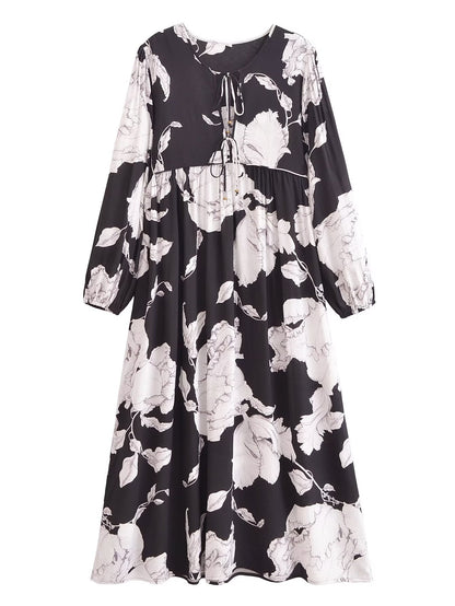 Rayon Printed Tassel Bohemian Loose Long Sleeve Dress Summer Casual