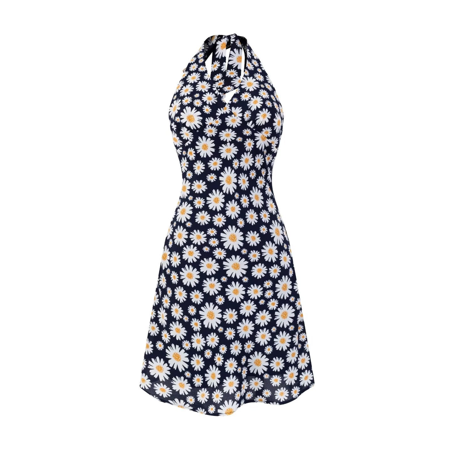 Summer Sexy Sexy High Waist Slim Fit Little Daisy Printed Halter Backless Dress Short