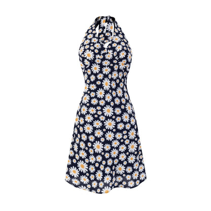 Summer Sexy Sexy High Waist Slim Fit Little Daisy Printed Halter Backless Dress Short