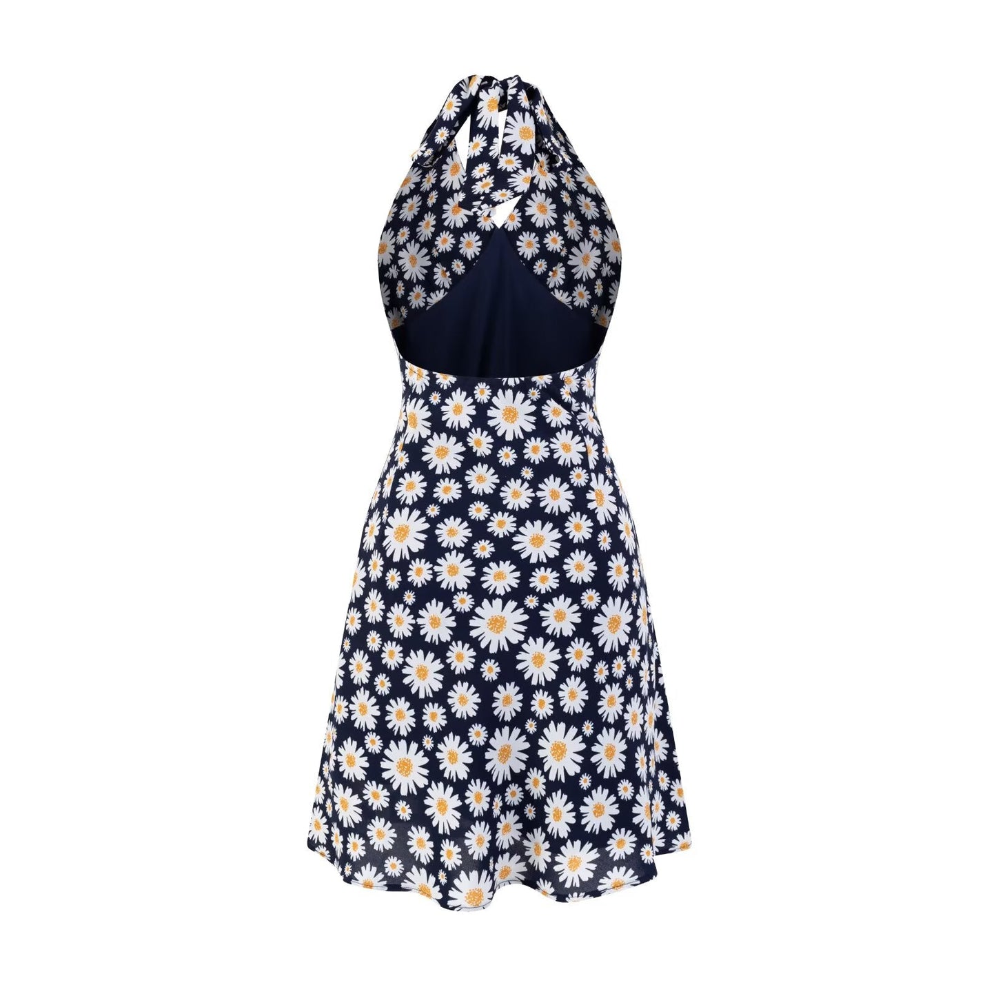 Summer Sexy Sexy High Waist Slim Fit Little Daisy Printed Halter Backless Dress Short