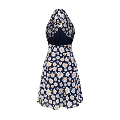 Summer Sexy Sexy High Waist Slim Fit Little Daisy Printed Halter Backless Dress Short