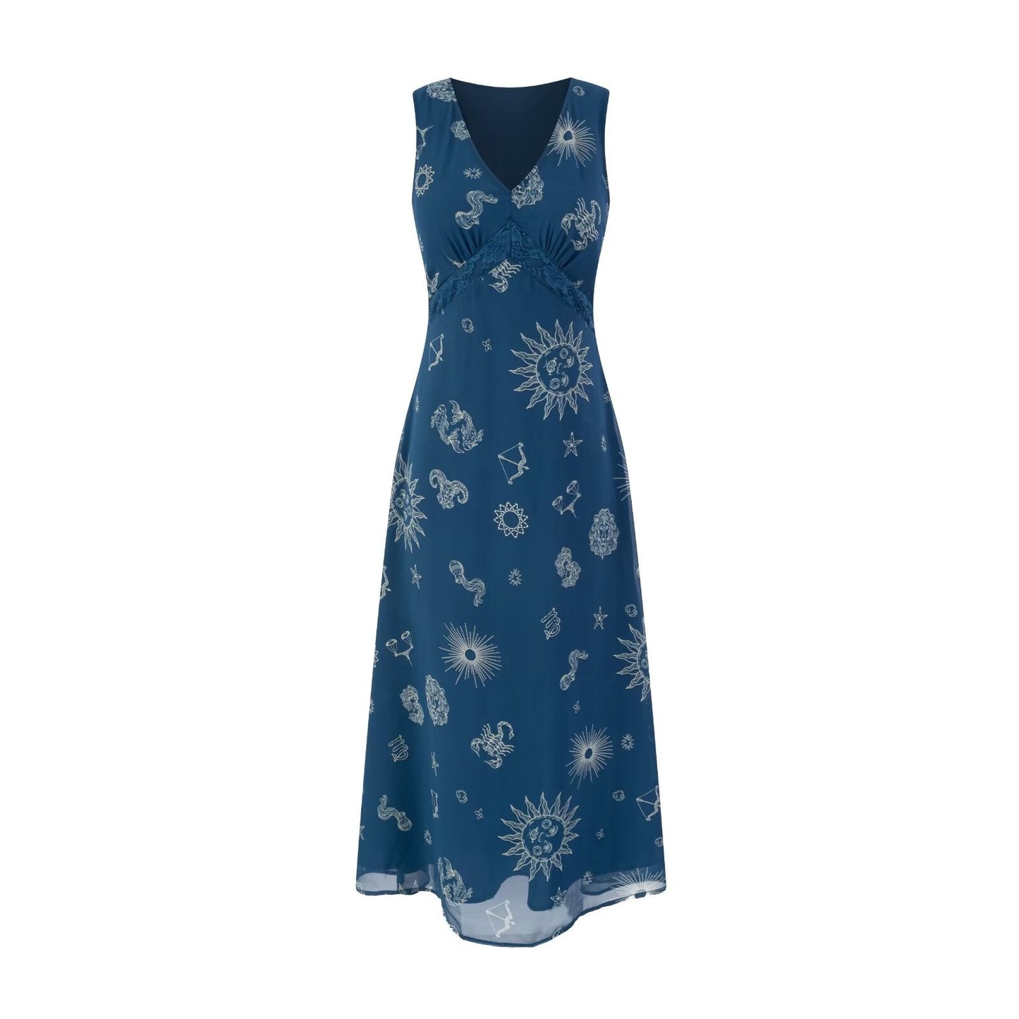 Retro Vacation Deep V Plunge neck Sleeveless Vest Dress Chest Lace Stitching Printing Waist Controlled Lace up Dress