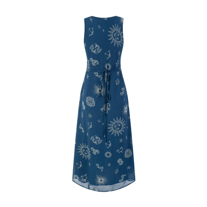 Retro Vacation Deep V Plunge neck Sleeveless Vest Dress Chest Lace Stitching Printing Waist Controlled Lace up Dress