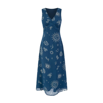 Retro Vacation Deep V Plunge neck Sleeveless Vest Dress Chest Lace Stitching Printing Waist Controlled Lace up Dress