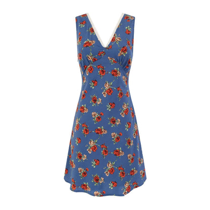 Spring Casual Vacation Floral V neck Lace up Waist Slimming Figure Dress