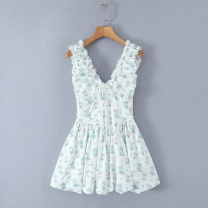 Spring Summer Women Clothing Sexy Fresh Printed V neck Tulle Dress