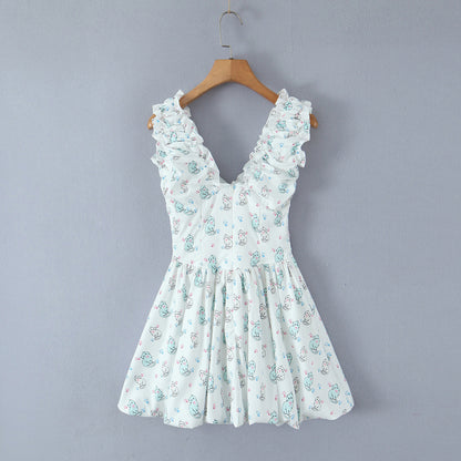 Spring Summer Women Clothing Sexy Fresh Printed V neck Tulle Dress