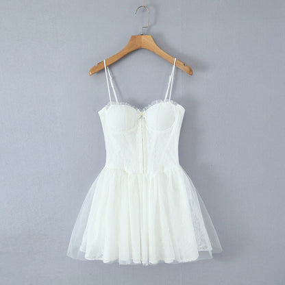 Spring Summer Vacation Sexy Little Fresh Sweet Spicy Waist Shaping Lace Embroidery Dress
