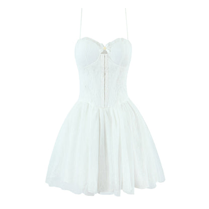 Spring Summer Vacation Sexy Little Fresh Sweet Spicy Waist Shaping Lace Embroidery Dress