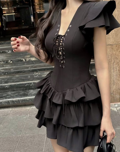 Summer Women Sexy Flying Sleeve Lace up Slim Fitting Patchwork Solid Color Tiered Dress