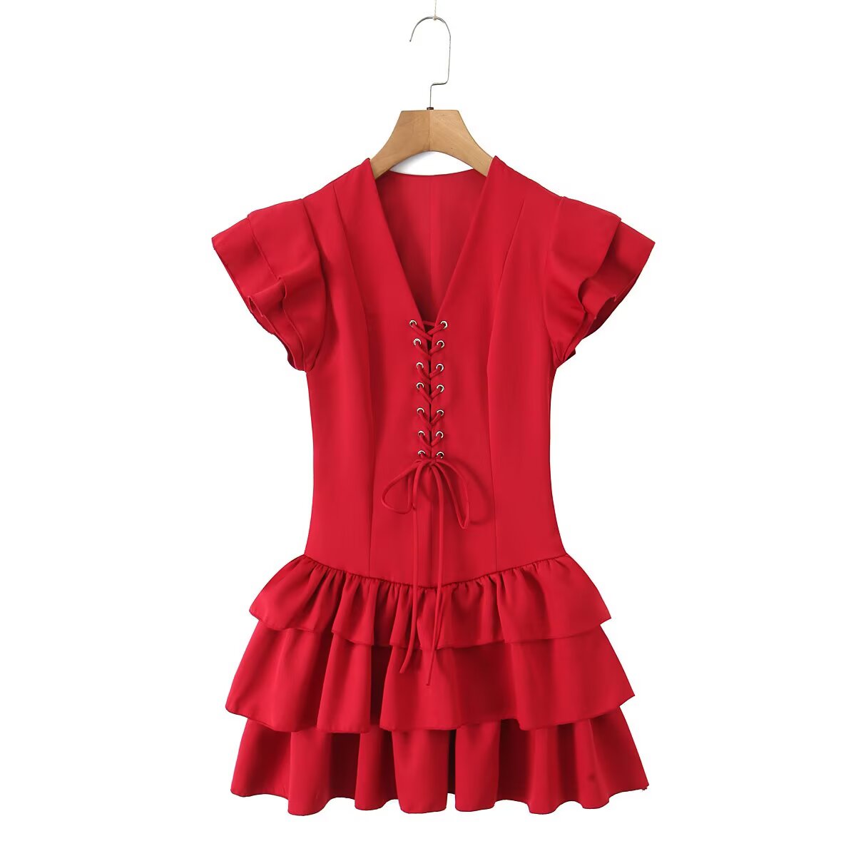 Summer Women Sexy Flying Sleeve Lace up Slim Fitting Patchwork Solid Color Tiered Dress