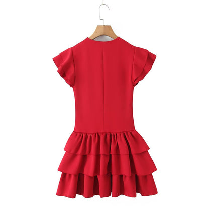 Summer Women Sexy Flying Sleeve Lace up Slim Fitting Patchwork Solid Color Tiered Dress
