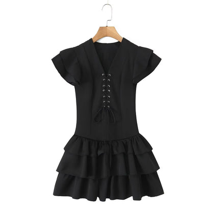 Summer Women Sexy Flying Sleeve Lace up Slim Fitting Patchwork Solid Color Tiered Dress