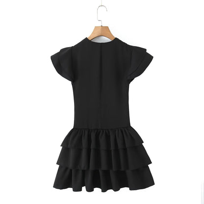 Summer Women Sexy Flying Sleeve Lace up Slim Fitting Patchwork Solid Color Tiered Dress