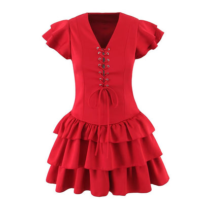 Summer Women Sexy Flying Sleeve Lace up Slim Fitting Patchwork Solid Color Tiered Dress