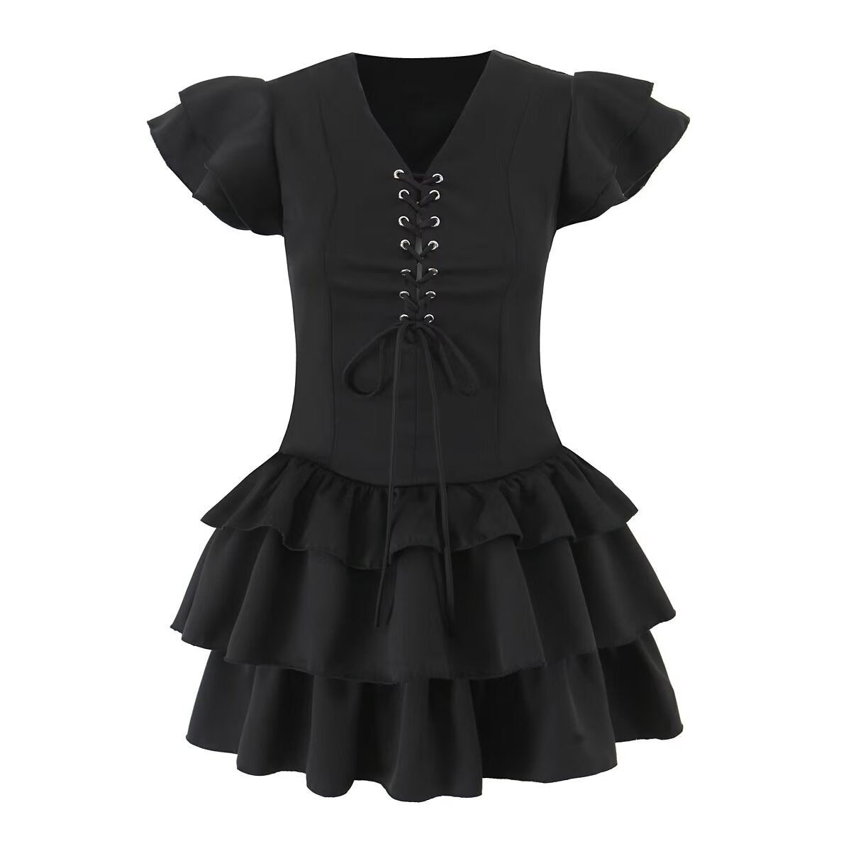 Summer Women Sexy Flying Sleeve Lace up Slim Fitting Patchwork Solid Color Tiered Dress