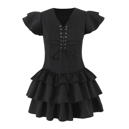 Summer Women Sexy Flying Sleeve Lace up Slim Fitting Patchwork Solid Color Tiered Dress
