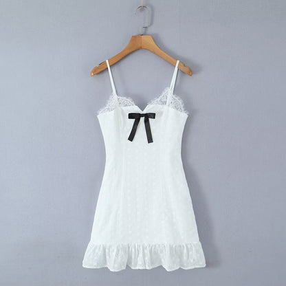 V neck Lace Chest Bow Suspender Dress Sweet Slim Fit Wooden Ear