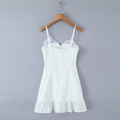V neck Lace Chest Bow Suspender Dress Sweet Slim Fit Wooden Ear