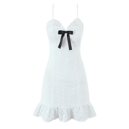 V neck Lace Chest Bow Suspender Dress Sweet Slim Fit Wooden Ear