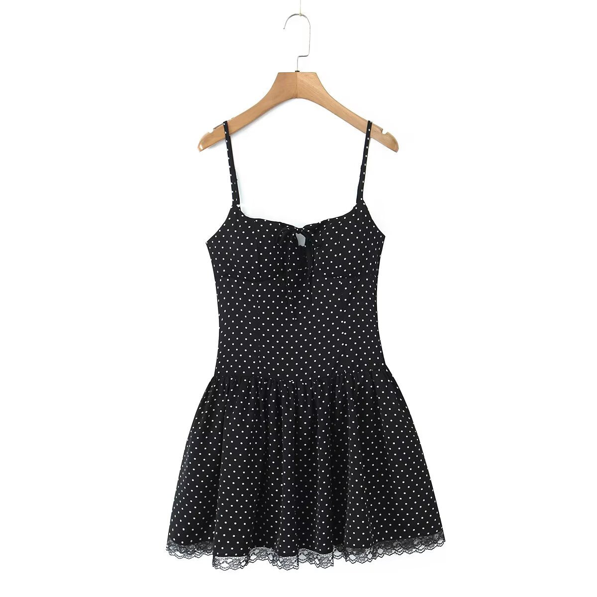 Summer Women Sexy Polka Dot Camisole Stitching Lace Bow Dress