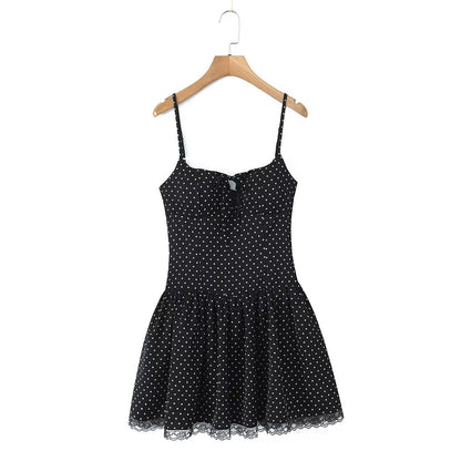 Summer Women Sexy Polka Dot Camisole Stitching Lace Bow Dress