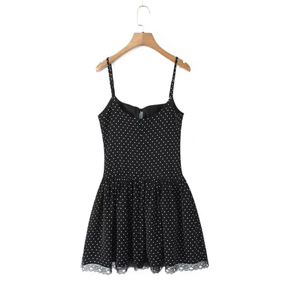Summer Women Sexy Polka Dot Camisole Stitching Lace Bow Dress