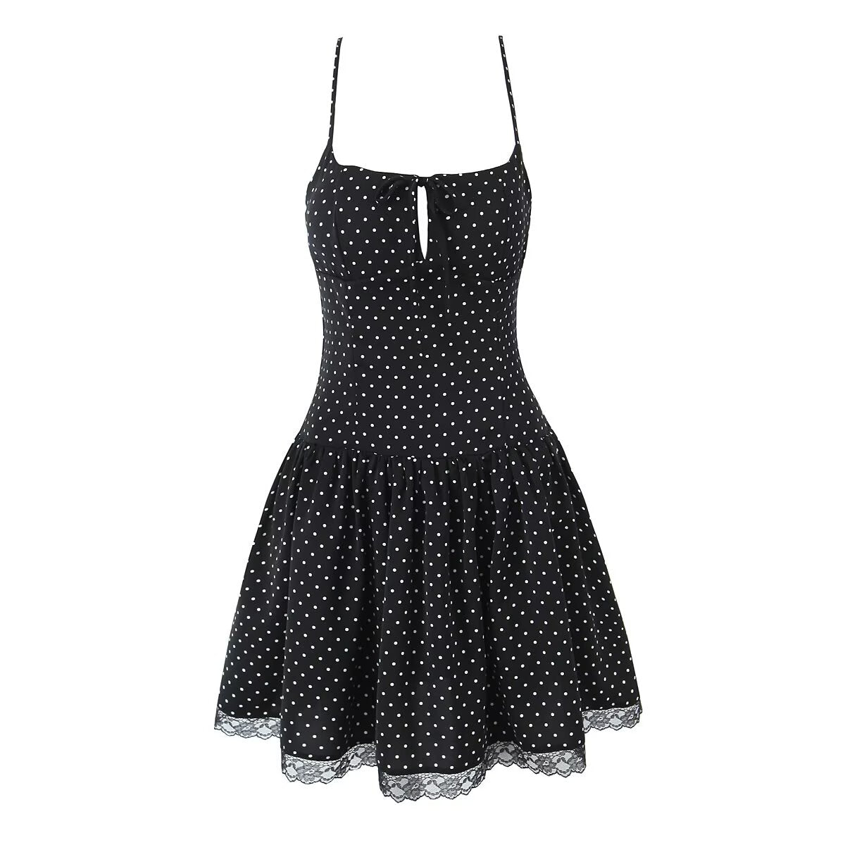 Summer Women Sexy Polka Dot Camisole Stitching Lace Bow Dress