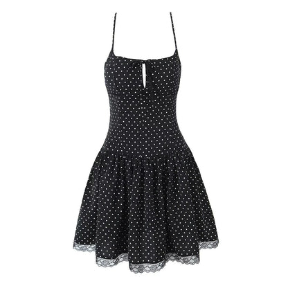 Summer Women Sexy Polka Dot Camisole Stitching Lace Bow Dress