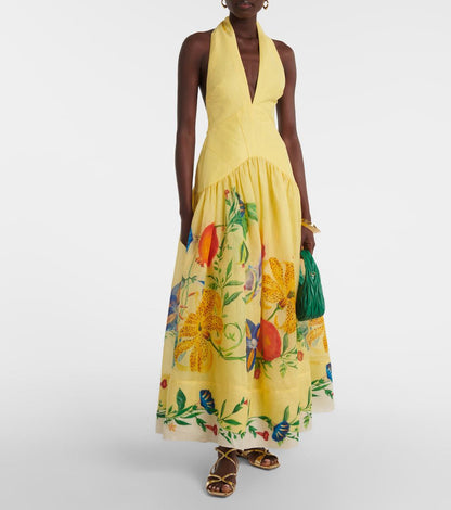 Summer Printing Halter Backless Large Swing Deep V Plunge neck Linen Dress Women