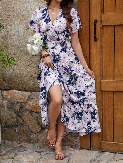 Women V Neck Short Sleeved Holiday Dress Femininity Waist Slimming Long Dress