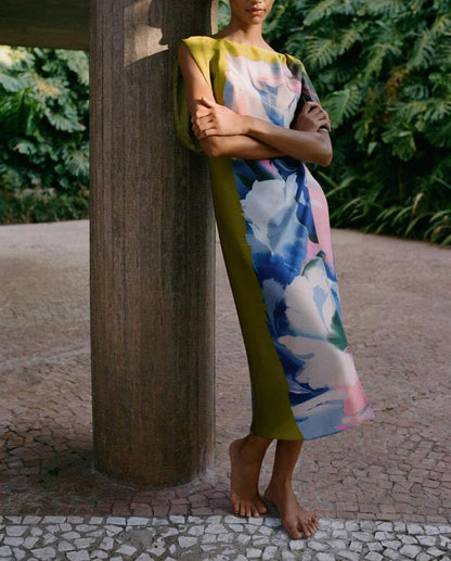 Summer Asymmetric Printed Waist Controlled Midi Dress