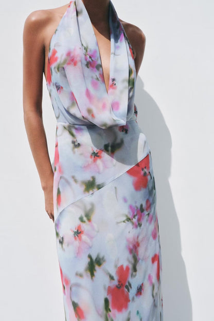 Spring Summer Women Fashionable Elegant Sexy Printing Hanging Collar Dress