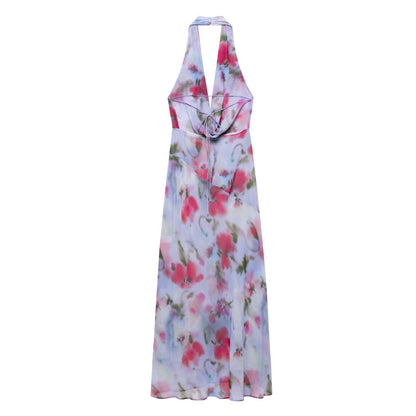 Spring Summer Women Fashionable Elegant Sexy Printing Hanging Collar Dress